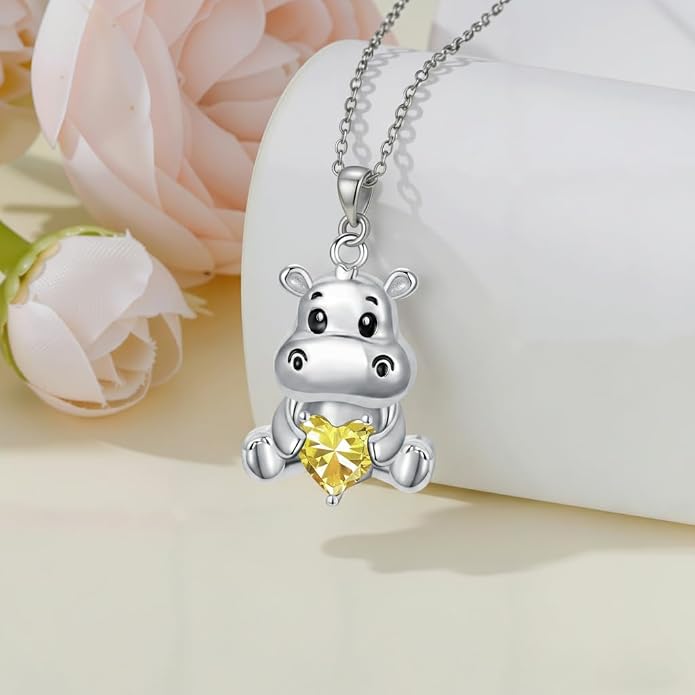 PROESS Animal Birthstone Necklace 925 Sterling Silver Otter/Axolotl/Hippo/Elephant/Dachshund/Monkey/Red Panda Pendant Necklace Animal Birthstone Jewelry Gifts for Women