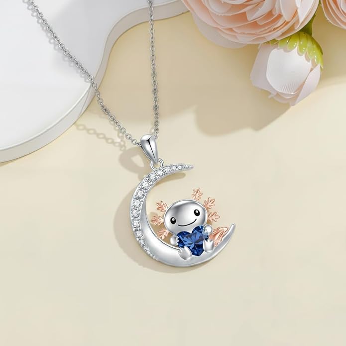PROESS Animal Birthstone Necklace 925 Sterling Silver Otter/Axolotl/Hippo/Elephant/Dachshund/Monkey/Red Panda Pendant Necklace Animal Birthstone Jewelry Gifts for Women