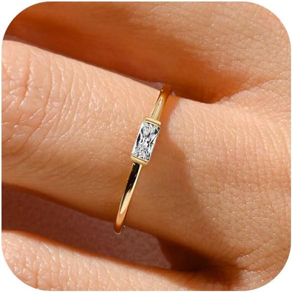 RLMOON Birthstone Rings for Women Non Tarnish Gold Stackable Rings Dainty 14K Gold/Silver Plated Baguette CZ Emerald Green Pinky Ring Personalized Jewelry Gift for Birthday Size 4-10