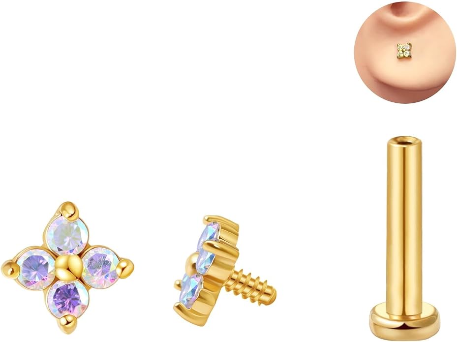 FANSING CZ Flower Internally Threaded Flat Back Earring Labret Stud for Cartilage Tragus Helix Conch