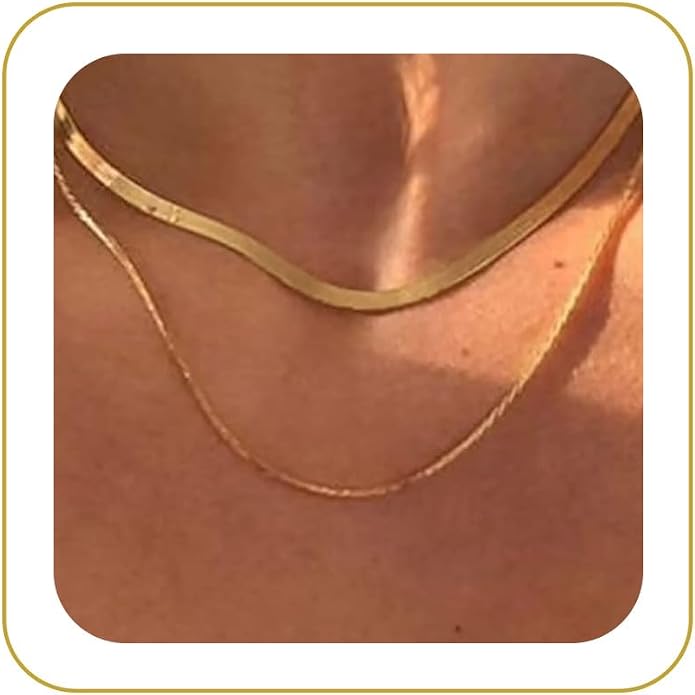 Tewiky Layered Necklaces for Women Non Tarnish- Chunky 14k Gold Plated Herringbone/Snake/Rope/Box/Cuban Link Chain for Women Waterproof Layering Stack Choker Necklace Trendy Dainty Tarnish Free Jewelry Set