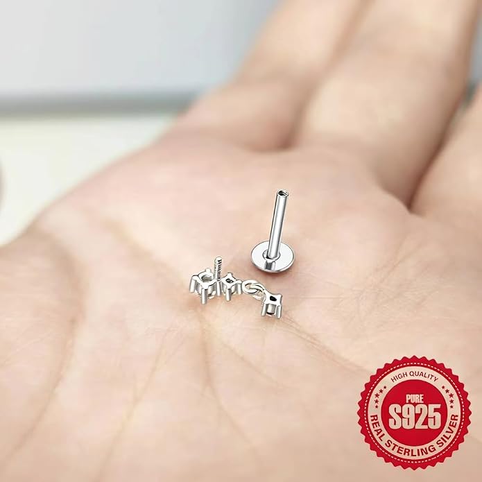 Sterling Silver 925 Flat Back Earring for Women 1PC 16G Helix Piercing Jewelry Dangle Cartilage Earring Internally Threaded Tragus Forward Conch Stud CZ Ear Ring 8mm Gifts