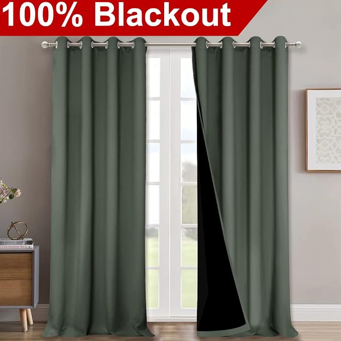 NICETOWN 100% Blackout Blinds, Set of 2, 46" x 96", Dark Mallard, Laundry Room Decor Window Treatment Curtains for Large Patio Sliding Door, Thermal Insulated Curtains for Bedroom