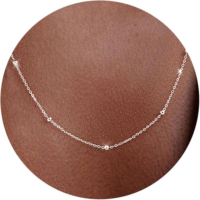 Carffordo 925 Sterling Silver Chain Necklace 16K Gold Plated Beaded Chain Necklace for Women Simple Dainty Choker Necklace Satellite Waterproof Link Necklace Trendy Jewelry Gifts