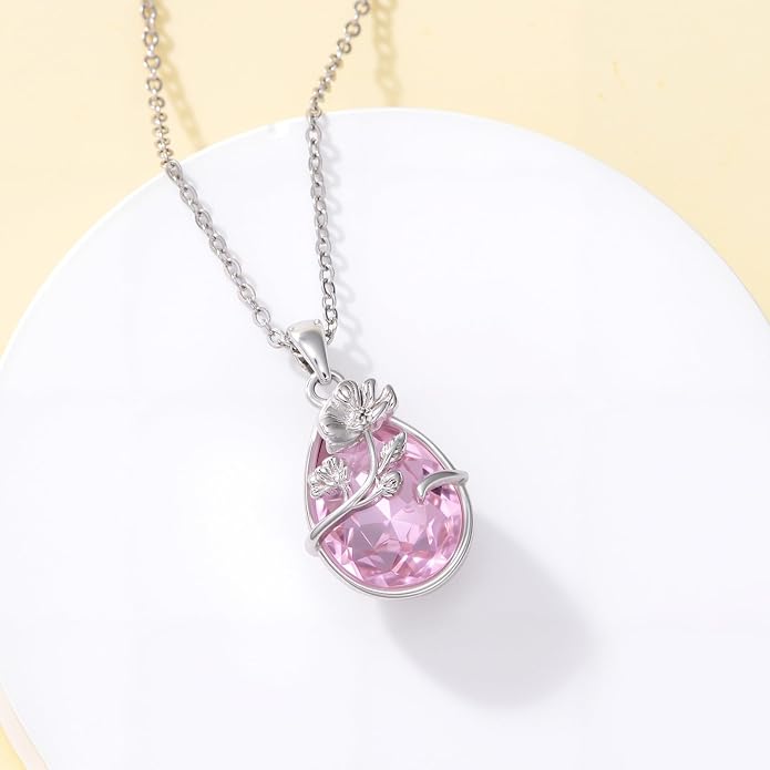 925 Sterling Silver Birth Flower Necklace with Teardrop Shaped Birthstone - 12 Colors, 12 Kinds of Flower - Ideal Birthday Jewelry Gift for Women, Mothers, Daughters & Wives