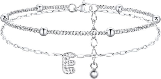 FindChic Silver/14K Gold Plated Layered CZ Initial Ankle Bracelet for Women | Waterproof Stainless Steel, Cubic Zirconia Letter Charm, Non-Tarnish, Hypoallergenic, Adjustable Extender, Summer Jewelry