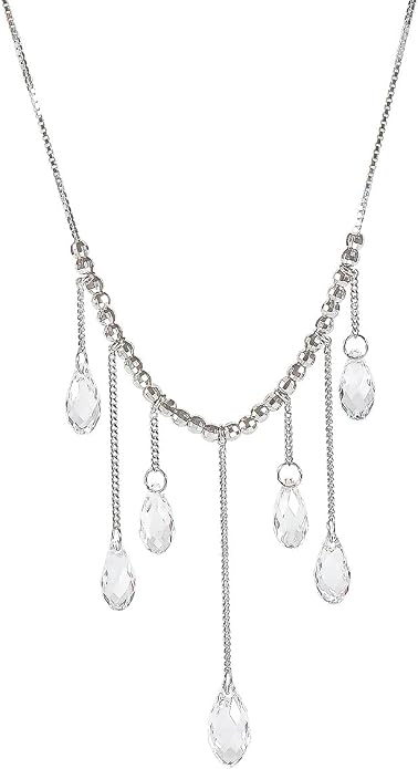925 Sterling Silver Handmade Crystals Rain Drop Tassel layered Pendant Boho necklace statement Chandelier shape Lobster Clasp Length Choker 18"+2" Ideal Gift for Women Ladies Dress accessories.