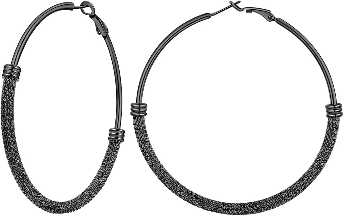 FOCALOOK 14K Gold Plated Hoop Earrings, Lightweight Hypoallergenic Large Stainless Steel Black Hoops Earrings for Women 20/30/40/50/60/70/80mm