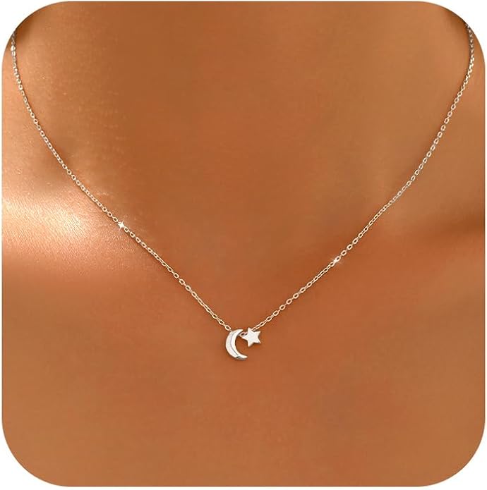 925 Sterling Silver Crescent Necklace for Women, Dainty Moon Star Choker Chain Necklace to Daughter Mother, 14k Gold Plated Moon and Star Charm Pendant Necklaces Jewelry Gift for Birthday Mother's Day