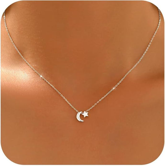 925 Sterling Silver Crescent Necklace for Women, Dainty Moon Star Choker Chain Necklace to Daughter Mother, 14k Gold Plated Moon and Star Charm Pendant Necklaces Jewelry Gift for Birthday Mother's Day