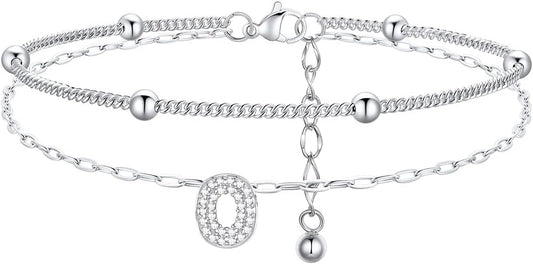 FindChic Silver/14K Gold Plated Layered CZ Initial Ankle Bracelet for Women | Waterproof Stainless Steel, Cubic Zirconia Letter Charm, Non-Tarnish, Hypoallergenic, Adjustable Extender, Summer Jewelry