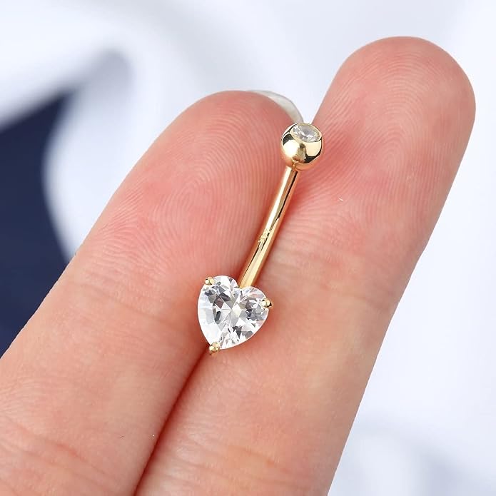 OUFER Belly Navel Rings - 14K Solid White Gold Heart Solitaire Cubic Zirconia Belly Button Rings