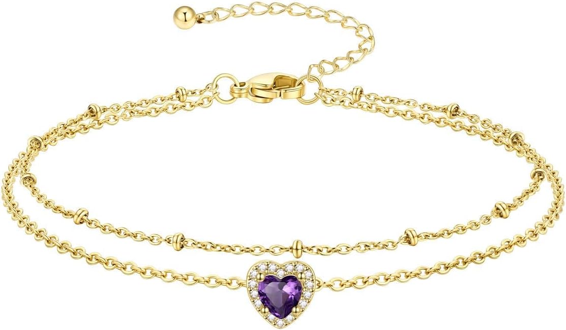Richsteel Double Layer Heart/Butterfly Birthstone Anklet for Women Non Tarnish Waterproof, Silver/Gold/Black Stainless Steel 8.5-10.5 Inch Adjustable Chain Anklets Jewelry Gifts for Her