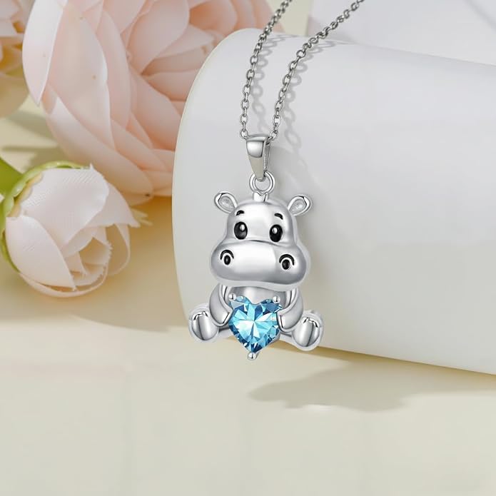 PROESS Animal Birthstone Necklace 925 Sterling Silver Otter/Axolotl/Hippo/Elephant/Dachshund/Monkey/Red Panda Pendant Necklace Animal Birthstone Jewelry Gifts for Women