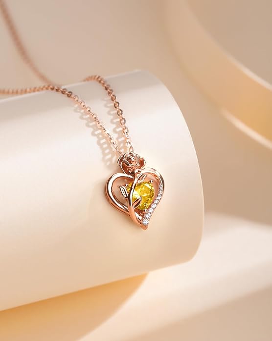 Anniversary Birthday Gifts for Women - Heart Birthstone Necklace: 925 Sterling Silver Rose/White/Yellow Gold Pendant Necklaces Gold Jewelry Gift for Wife Girlfriend Mom Daughter Grandma