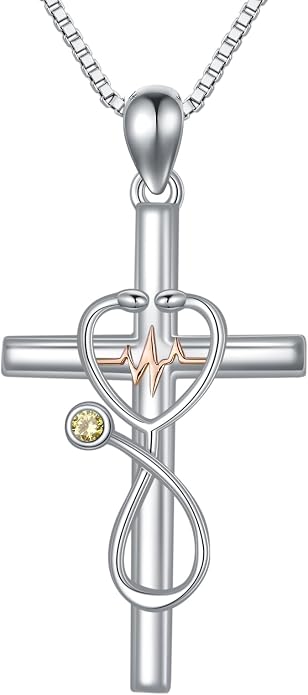 HPQQ Gifts for Nurse Sterling Silver Stethoscope Cross Necklace Nurses Birthstone Jewelry Nursing Themed Medicine Nurses Week Graduation Gifts Doctor Medical Student RN