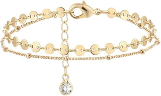 Dremmy Studios Gold Bracelet for Women 18K Gold Plated Dainty Paperclip Cubic Zirconia Disc Coin Star Cable Satellite Bead Pearl Simple Boho Minimalist Stacking Layered Link Jewelry Gift