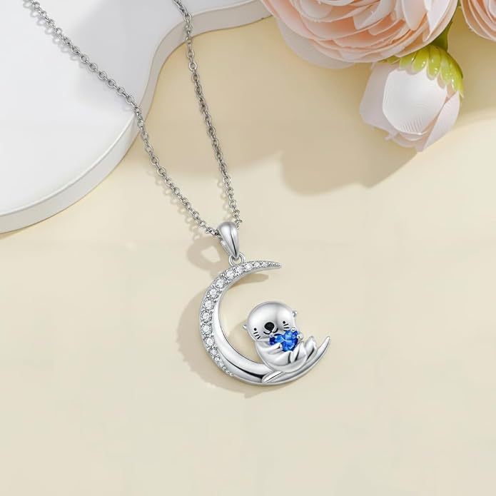 PROESS Animal Birthstone Necklace 925 Sterling Silver Otter/Axolotl/Hippo/Elephant/Dachshund/Monkey/Red Panda Pendant Necklace Animal Birthstone Jewelry Gifts for Women
