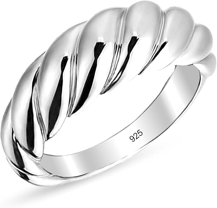 LeCalla 925 Sterling Silver Chunky Bold Signet Rings for Women and Men | Textured Twisted and Ribbed Statement Rings | Minimalist Texture Silver Ring Jewelry for Women & Men (Sizes 6-8 No.)