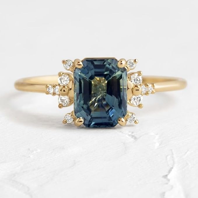 Cutesmile 2pcs Gold Ring Set Fashion Simple Tiny 14k Gold Filled Perfect Princess Cut Peacock Blue Gemstone CZ Crystal Diamond Engagement Wedding Rings Set Size 5-11 for Women(8)