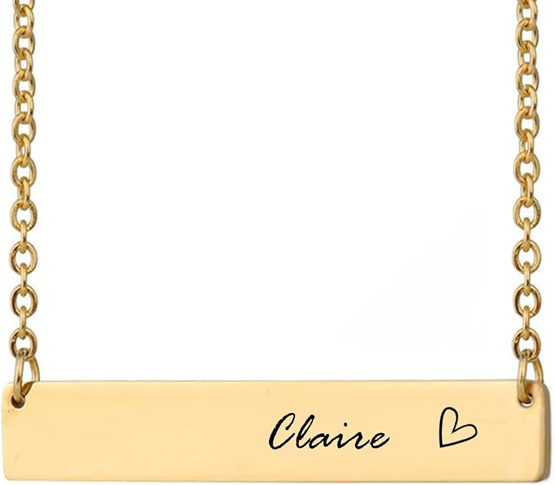 HUAN XUN Custom Bar Necklace Personalized Engraved Name Bar Necklace for Women Customized Stainless Steel Heart Pendant Bar Jewelry Gift for Her Mother Day Christmas