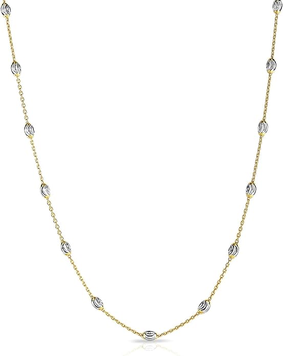 Savlano 18K Gold Plated Over 925 Sterling Silver Station Oval Moon Bead Necklace Chain For Women. Silver, Gold, Rose Gold - Made in Italy Comes With a Gift Box