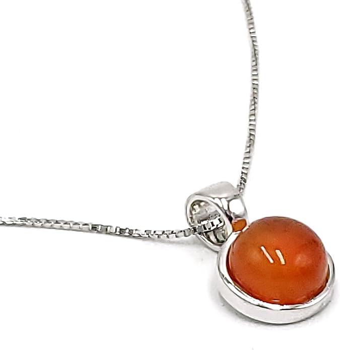 Natural gemstone 8mm round pendant with white gold over 925 sterling silver bezel cabochon plate and box chain, real genuine dainty birthstone gift for her, uniquelan jewelry