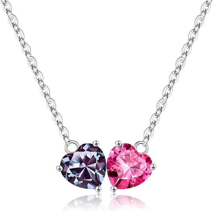Iefil 1.25Ct Double Heart Birthstone Necklace - 925 Sterling Silver Birthstone Necklace, Birthday Gifts for Women, Jewelry Gifts for Mom Daughter Wife