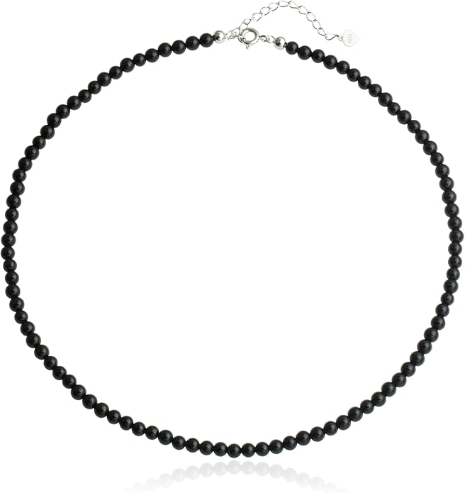 Kakikaki Natural Agate Choker Necklace Sterling Silver Round Beads Strand Necklace for Women