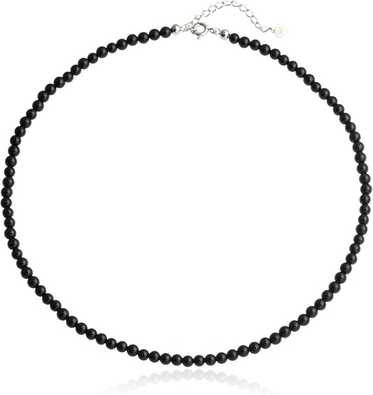 Kakikaki Natural Agate Choker Necklace Sterling Silver Round Beads Strand Necklace for Women
