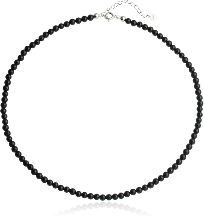 Kakikaki Natural Agate Choker Necklace Sterling Silver Round Beads Strand Necklace for Women
