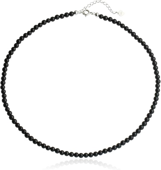 Kakikaki Natural Agate Choker Necklace Sterling Silver Round Beads Strand Necklace for Women