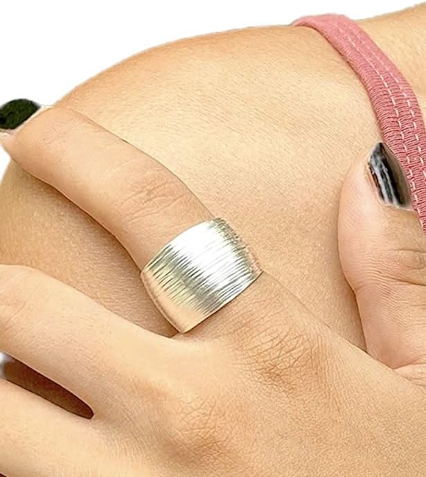 Sterling Silver Handmade Wide Convex Band Ring, Classic Semi-Shiny Finish Wrap Band, Adjustable to Sizes 6-11, Can fit Also as Thumb ring, Gift for Her