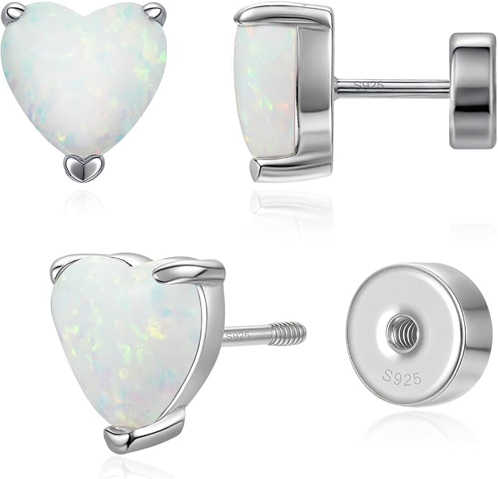 Heart Birthstone Flat Back Stud Earrings, 925 Sterling Silver 18K White Gold Plated, Poke-Free Comfortable Sleep Hypoallergenic Personalized Ear Piercing Jewelry, Mother's Day Birthday Gifts for Women