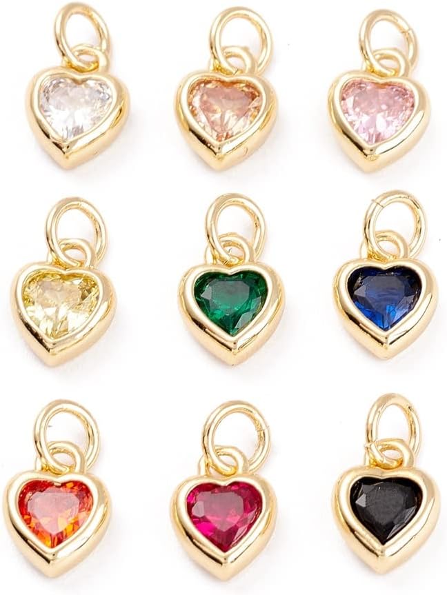 DanLingJewelry 20pcs Random Color Brass Cubic Zirconia Heart Charms Mini CZ Stone Heart Charms with Jump Ring for Jewelry Making