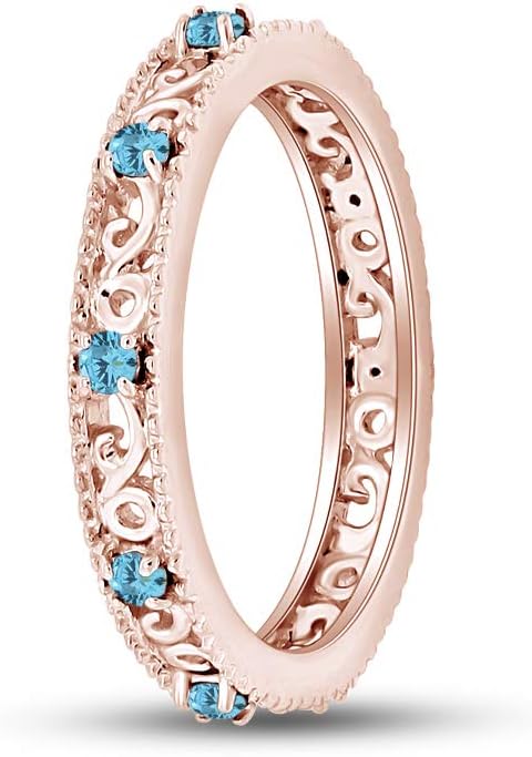 Jewel Zone US Filigree Eternity Wedding Band Ring for Women, Round Cut Simulated Gemstone Stackable Promise Ring in 14K Gold Plated 925 Sterling Silver Band Width 3.5mm – Elegant Jewelry for Her