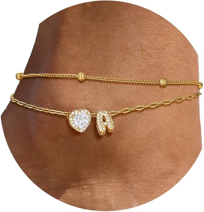 FindChic Silver/14K Gold Plated Layered CZ Initial Ankle Bracelet for Women | Waterproof Stainless Steel, Cubic Zirconia Letter Charm, Non-Tarnish, Hypoallergenic, Adjustable Extender, Summer Jewelry