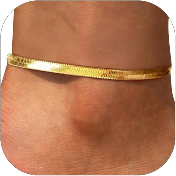 FOCALOOK 14K Gold Plated Anklets for Women Waterproof Plus Size Ankle Bracelet 8.5-10.5 Inch Adjustable Mariner/Figaro/Flat Snake/Cuban Link Chain Anklet Jewelry for Summer Beach Holiday