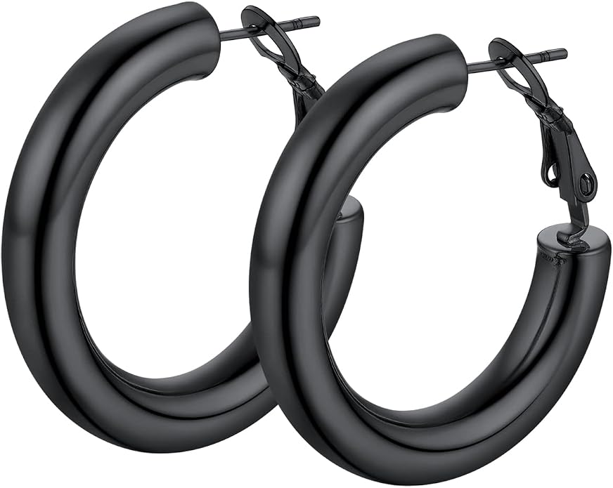 Stainless Steel Chunky Hoop Earrings For Women, Minimalist and Chic, Black/Gold Plated, Round Hoops Earrings Hypoallergenic, Size: 30mm/40mm/60mm/80mm, Come with Box