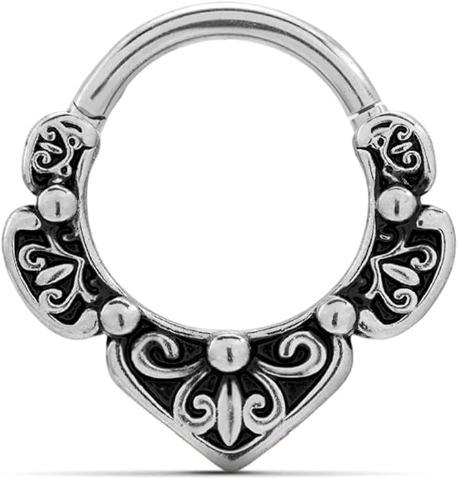 PUNKYOUTH 16G Titanium Septum Nose Ring Clicker Hoop 316L Surgical Steel Hinged Gothic Vintage Floral Style Earrings Piercing Jewelry for Nose Helix Rook Tragus 8mm Diameter