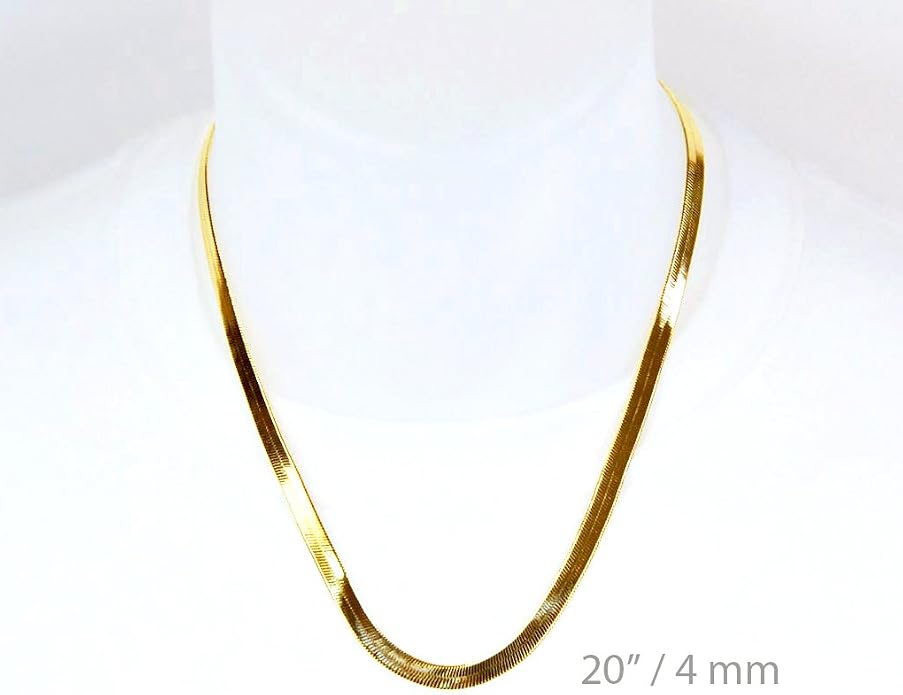 Men's Women's Flat Flexible Shine Herringbone Chain Necklace 14kt Gold Plated sized 20"