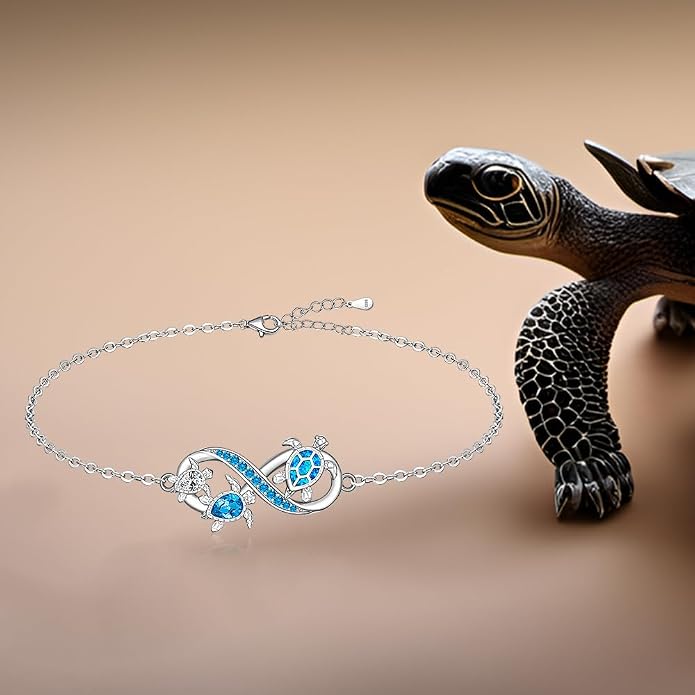 Fenthring Turtle Anklet S925 Sterling Silver Blue Opal Sea Turtle Ankle Bracelets for Women Infinity Wave Ocean Beach Summer Foot Bracelet Jewelry Layered Adjustable