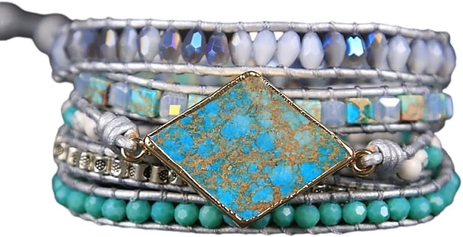 Boho Wrap Bracelet for Women, Handmade Natural Imperial Jasper Multi-Layer Stone Beaded Bracelet, Bohemian Healing Crystal Stone Jewelry Gifts