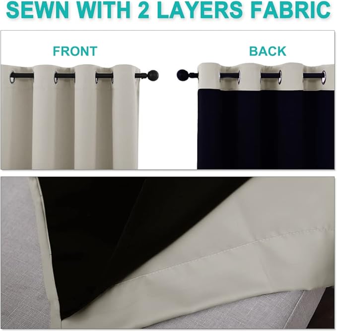 NICETOWN 100% Blackout Window Curtain Panels, Full Light Blocking Drapes with Black Liner for Nursery, 78-inch Drop Thermal Insulated Draperies (Natural, 2 Pieces, 55-inch Wide Per Panel)