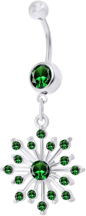 AFFY Snowflake Belly Button Ring for Women Simulated Birthstone, Round Cut Gemstone in 14K Gold Over 925 Sterling Silver, Navel Barbell Piercing Jewelry for Her