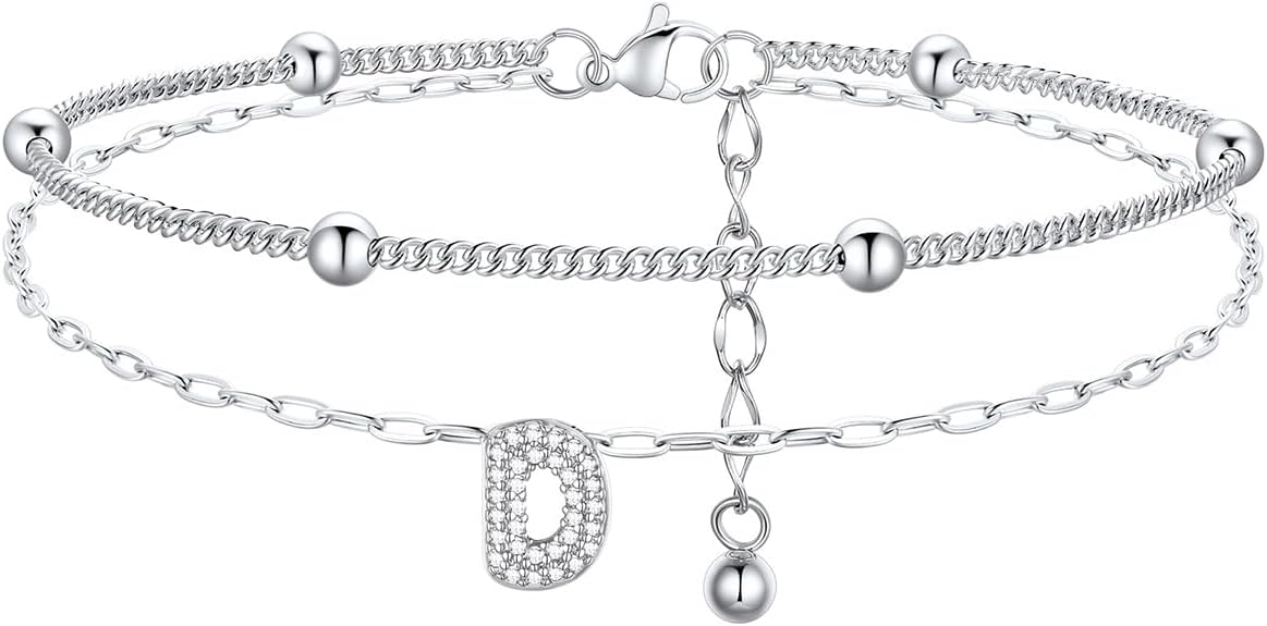 FindChic Silver/14K Gold Plated Layered CZ Initial Ankle Bracelet for Women | Waterproof Stainless Steel, Cubic Zirconia Letter Charm, Non-Tarnish, Hypoallergenic, Adjustable Extender, Summer Jewelry