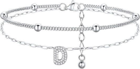 FindChic Silver/14K Gold Plated Layered CZ Initial Ankle Bracelet for Women | Waterproof Stainless Steel, Cubic Zirconia Letter Charm, Non-Tarnish, Hypoallergenic, Adjustable Extender, Summer Jewelry