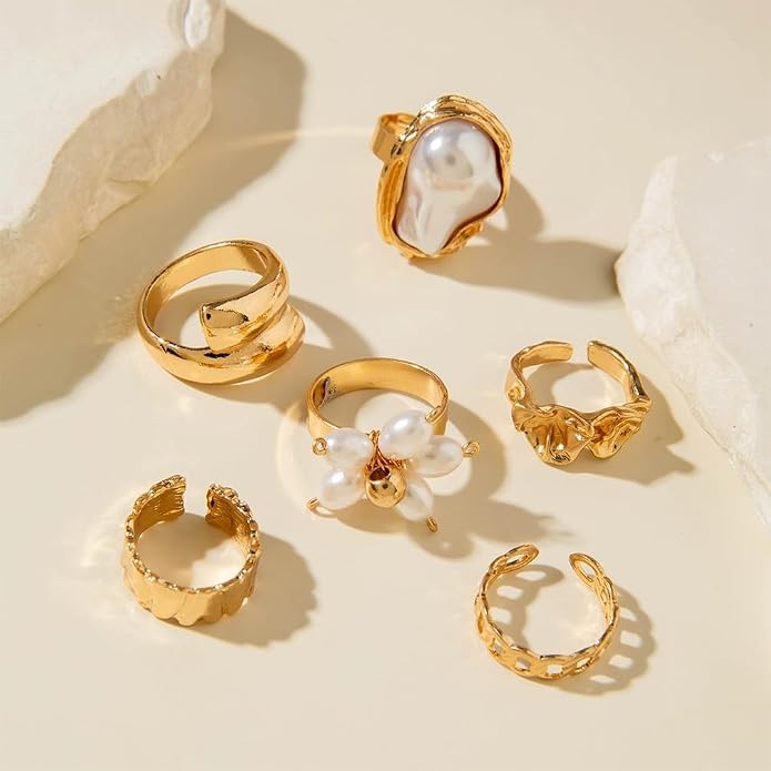Chunky Gold Irregular Rings Stack Set for Women Statement Baroque Pearl Flower Stackable Knuckle Finger Ring Non Tarnish Boho Hammered Jewelry Gifts