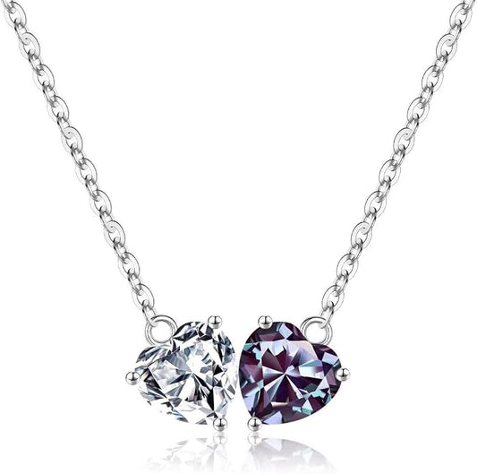 Iefil 1.25Ct Double Heart Birthstone Necklace - 925 Sterling Silver Birthstone Necklace, Birthday Gifts for Women, Jewelry Gifts for Mom Daughter Wife