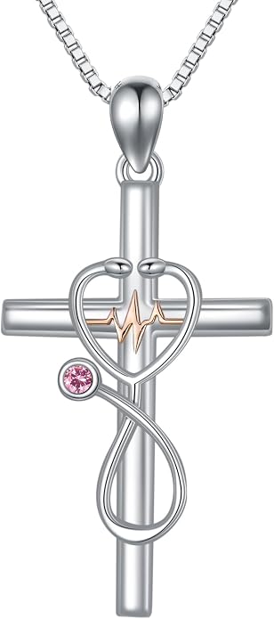 HPQQ Gifts for Nurse Sterling Silver Stethoscope Cross Necklace Nurses Birthstone Jewelry Nursing Themed Medicine Nurses Week Graduation Gifts Doctor Medical Student RN